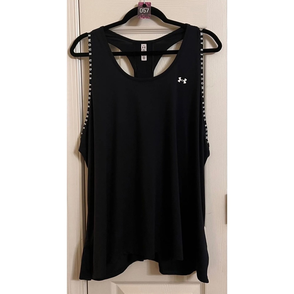Under Armour Womens 2X HeatGear Racerback Tank Top Black Logo Taping Activewear